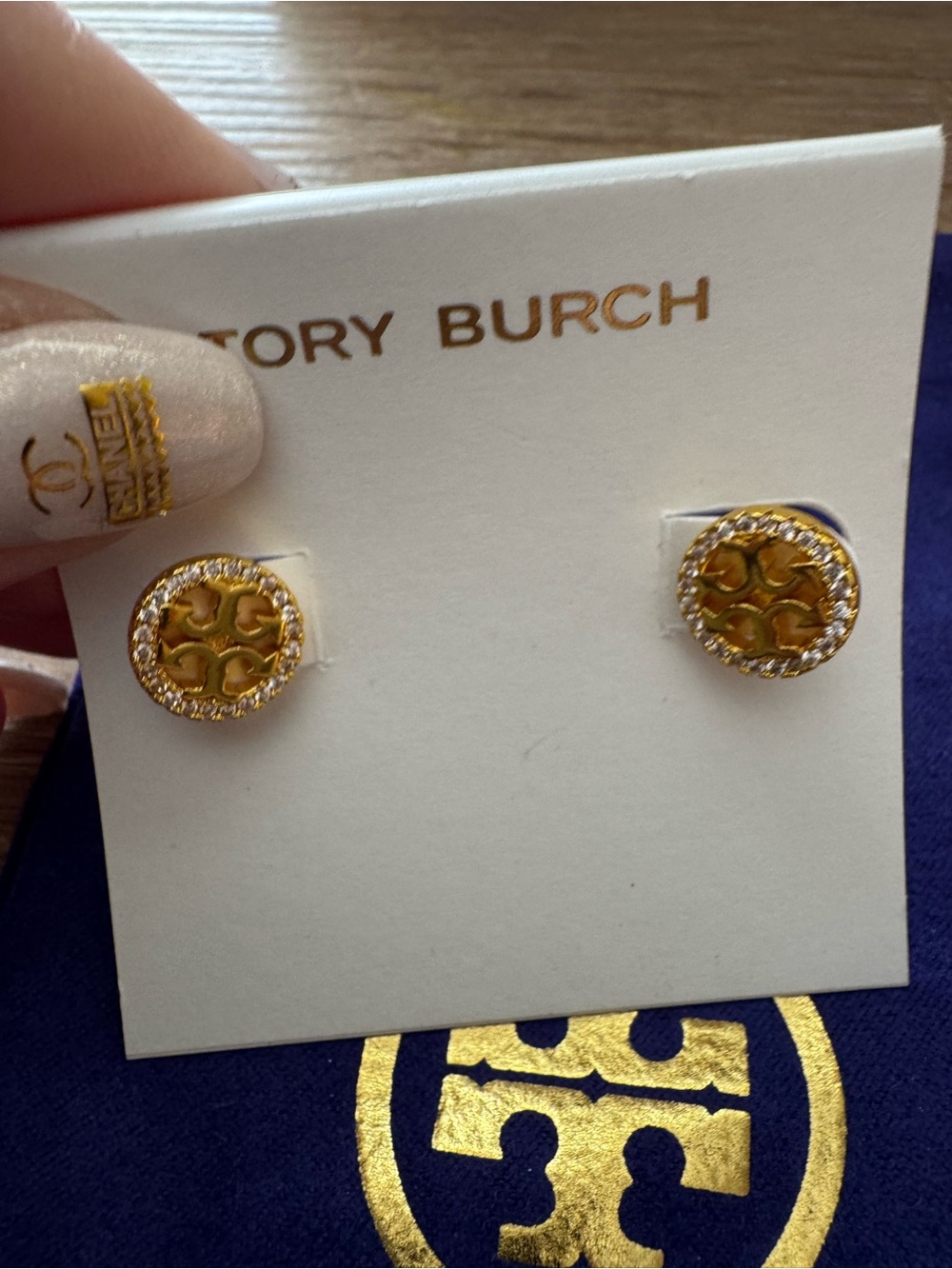 New, Tory Burch Gold Logo Crystal-Edge Stud Earrings